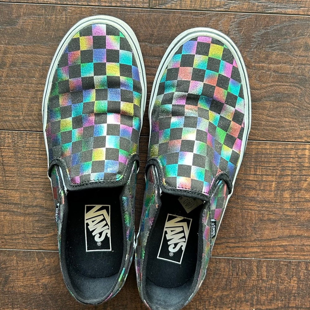 Women’s metallic rainbow checkerboard vans